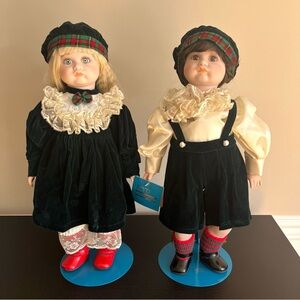 MYD Marian Yu Designs Scottish Porcelain Dolls Twins Christmas Vintage 18in
